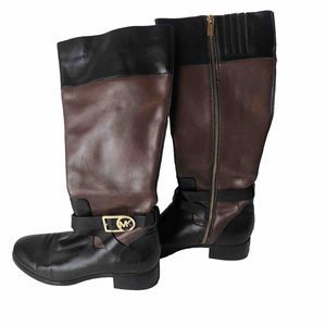 MICHAEL KORS Tall Fulton Black Brown Leather Harness Knee High Boots Women 6.5M